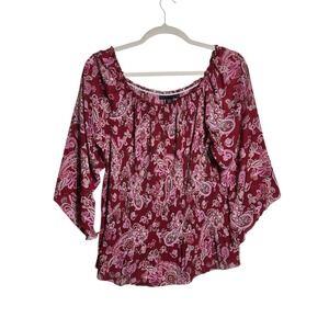 Blue‎ Diamond Plus Red Paisley Pleated Square Neck Bell Sleeve Blouse 24W